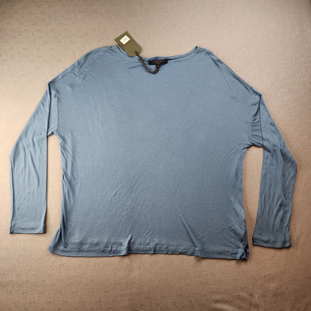 AllSaints Womens Blue Sheer Long Sleeve Oversized Boat Neck Top NWT Small